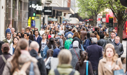 Crowded sidewalk on Oxford Street in London stock photo