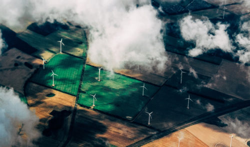 Ariel view of windfarm and fields